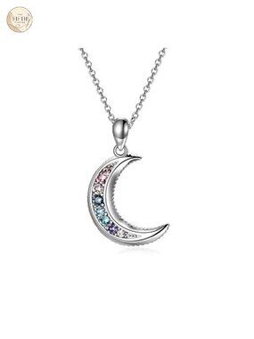 Sterling Silver Crescent Moon Pendant Necklace with Multicolor Crystals